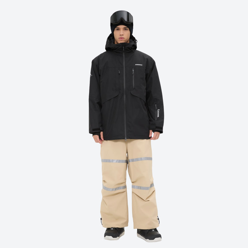 Breathable 3-layer suspender bibs with reflective trim - black jacket with tan bib pants, for cold-weather winter sports