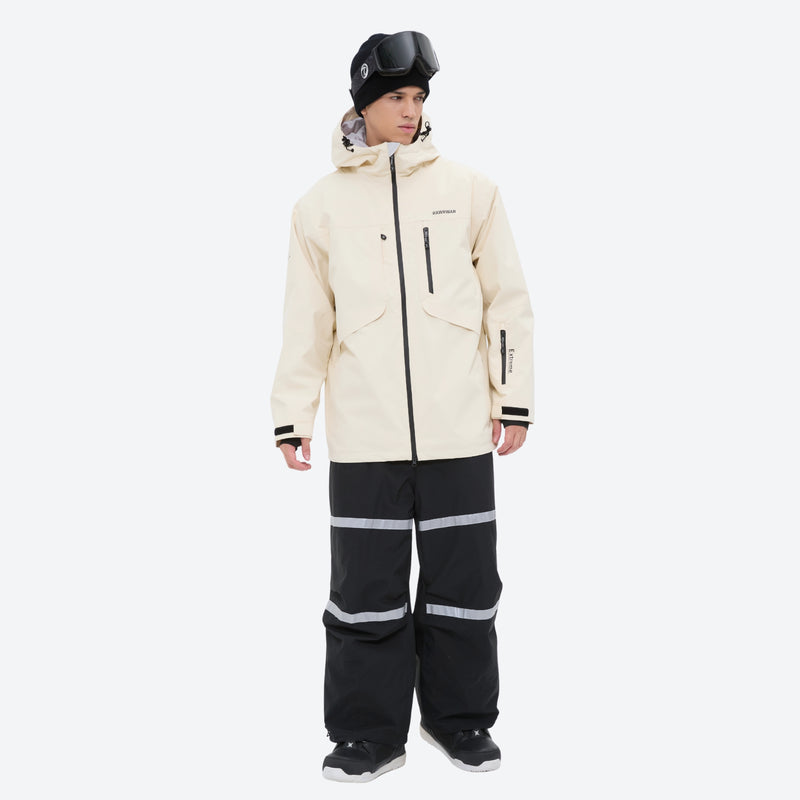 Unisex waterproof 3L bib snow pants - cream jacket with black bib pants, for powder days and winter commute