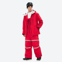 
                  
                    Breathable 3-layer suspender bibs with reflective trim - red jacket with red bib pants, for skiing and snowboarding
                  
                