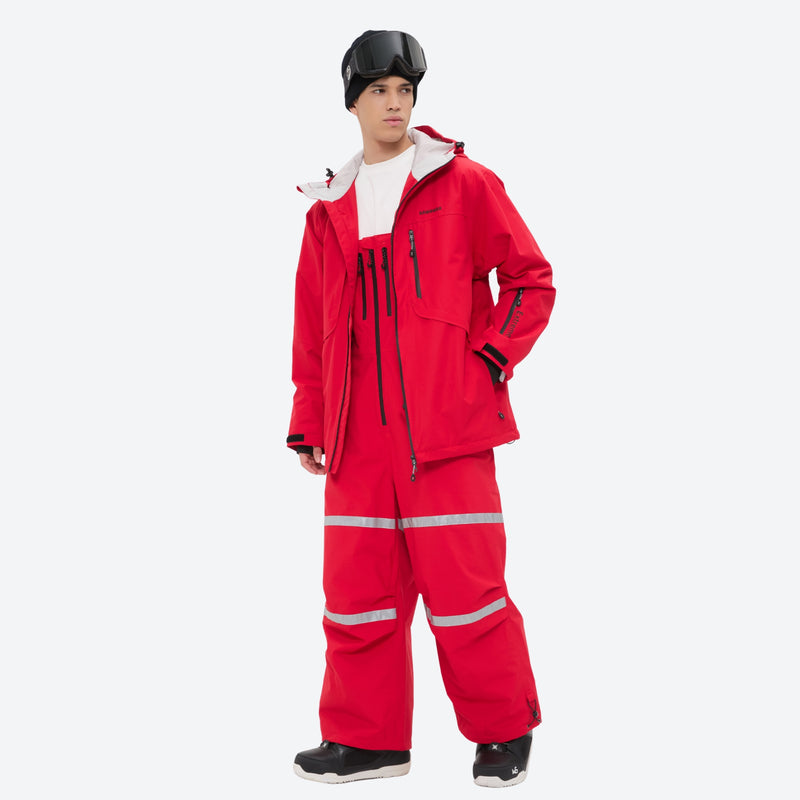 Breathable 3-layer suspender bibs with reflective trim - red jacket with red bib pants, for skiing and snowboarding