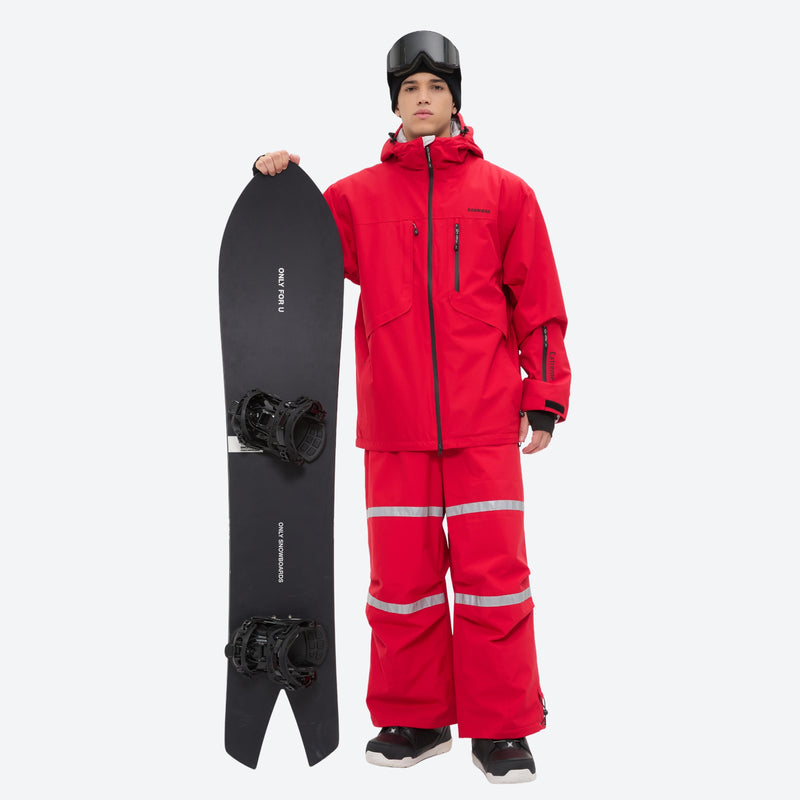 Unisex waterproof 3L bib snow pants - red jacket with red bib pants, for powder days and winter commute