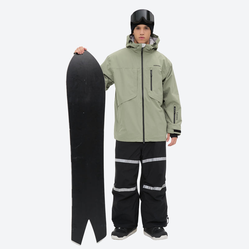 Unisex snowboard bib pants - sage green jacket with black bib pants, for resort and street wear