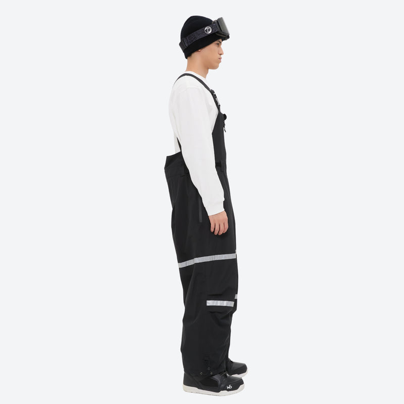 Breathable 3-layer suspender bibs with reflective trim - black bib pants with white top, for powder days and winter commute