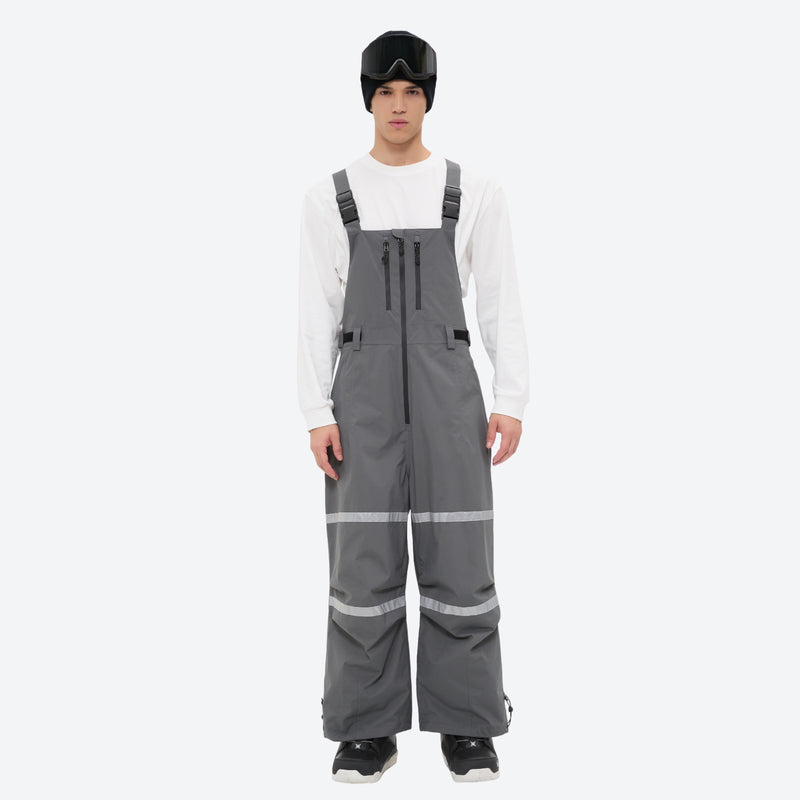 Breathable 3-layer suspender bibs with reflective trim - gray bib pants with white top, for skiing and snowboarding