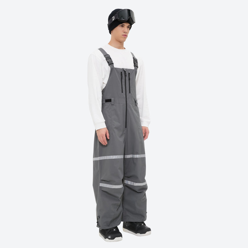 Breathable 3-layer suspender bibs with reflective trim - gray bib pants with white top, for cold-weather winter sports