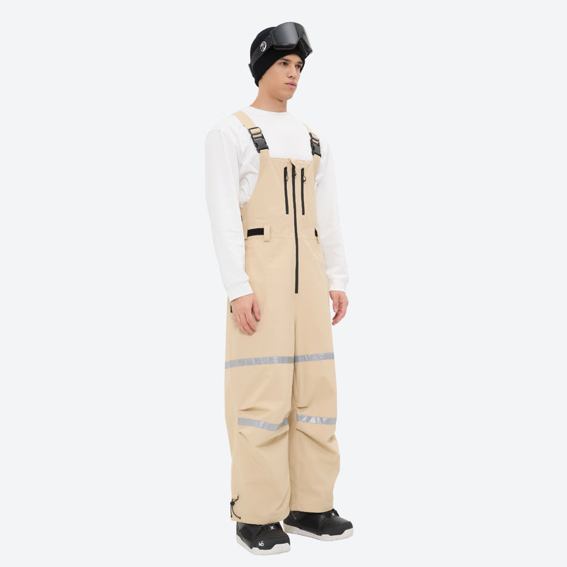 Unisex waterproof 3L bib snow pants - tan bib pants with white top, for cold-weather winter sports