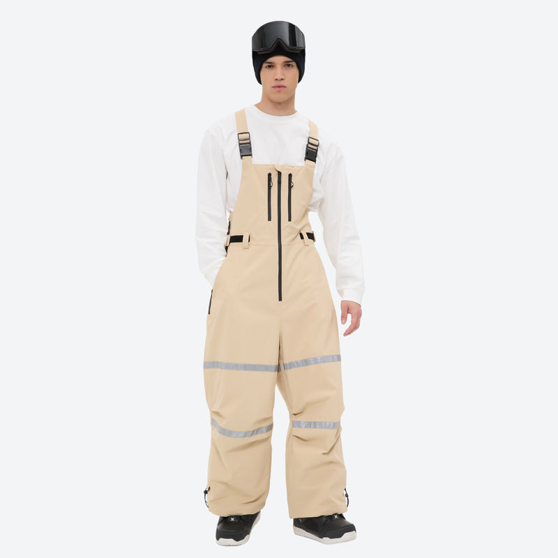 Breathable 3-layer suspender bibs with reflective trim - tan bib pants with white top, for skiing and snowboarding