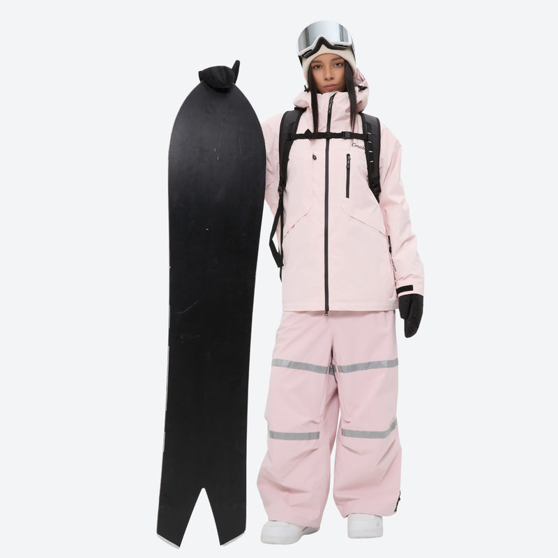 Women's waterproof 2L snow jacket and bib pants series - light pink jacket with light pink bib pants