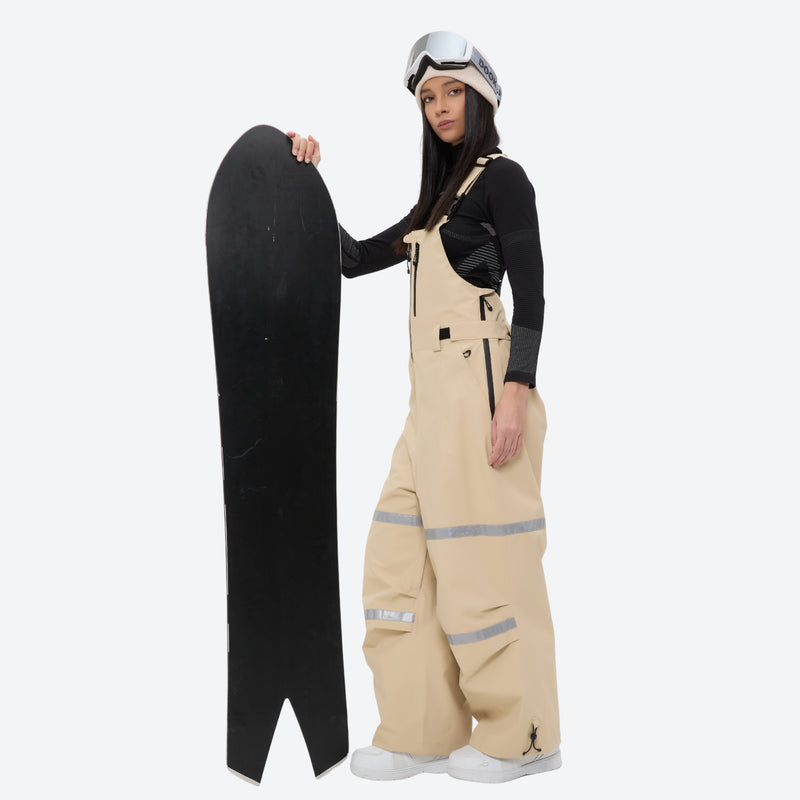 Women's 2-layer breathable snowboard jacket and bibs - tan bib pants, for cold-weather winter sports