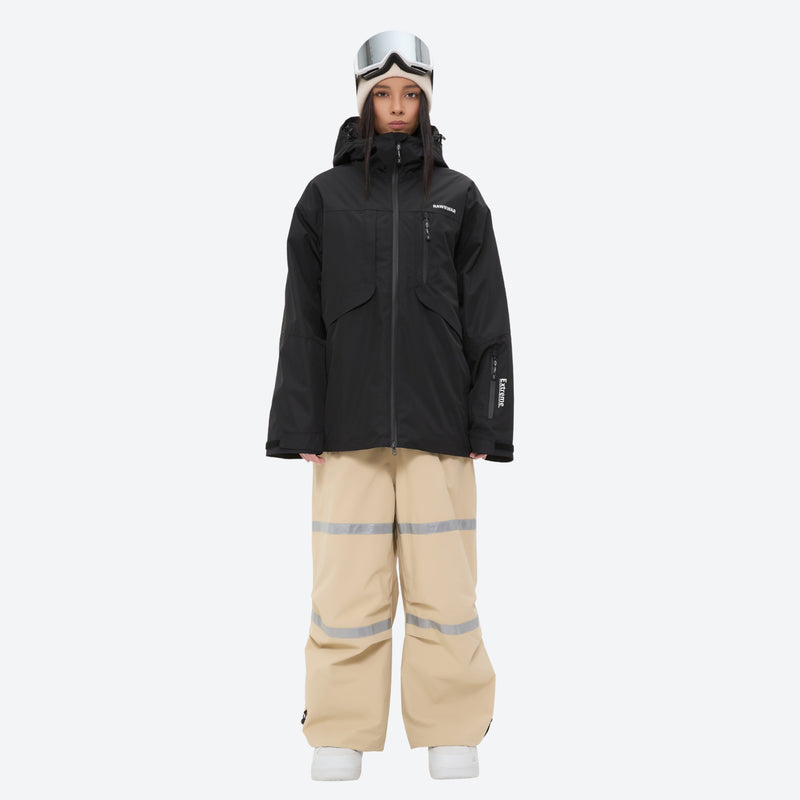 Women's 2-layer breathable snowboard jacket and bibs - black jacket with tan bib pants, for cold-weather winter sports