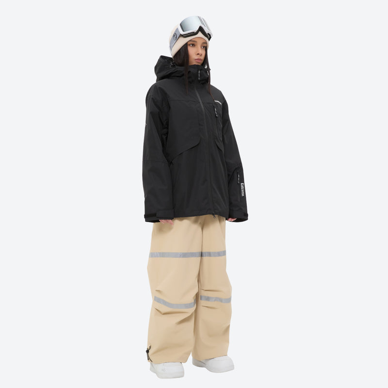 Women's waterproof 2L snow jacket and bib pants series - black jacket with tan bib pants, for skiing and snowboarding
