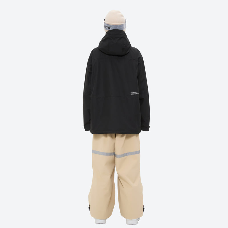 Women's 2-layer breathable snowboard jacket and bibs - black jacket with tan bib pants, for powder days and winter commute