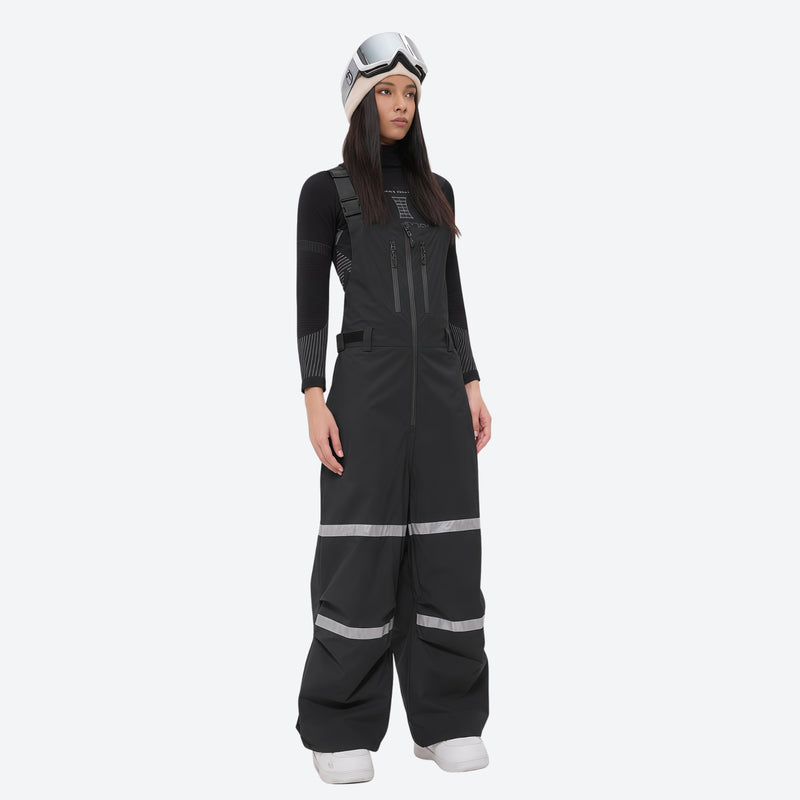 Women's 2-layer breathable snowboard jacket and bibs - black bib pants, for powder days and winter commute