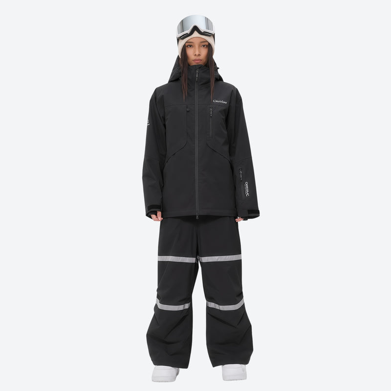 Women's 2-layer breathable snowboard jacket and bibs - black jacket with black bib pants, for skiing and snowboarding