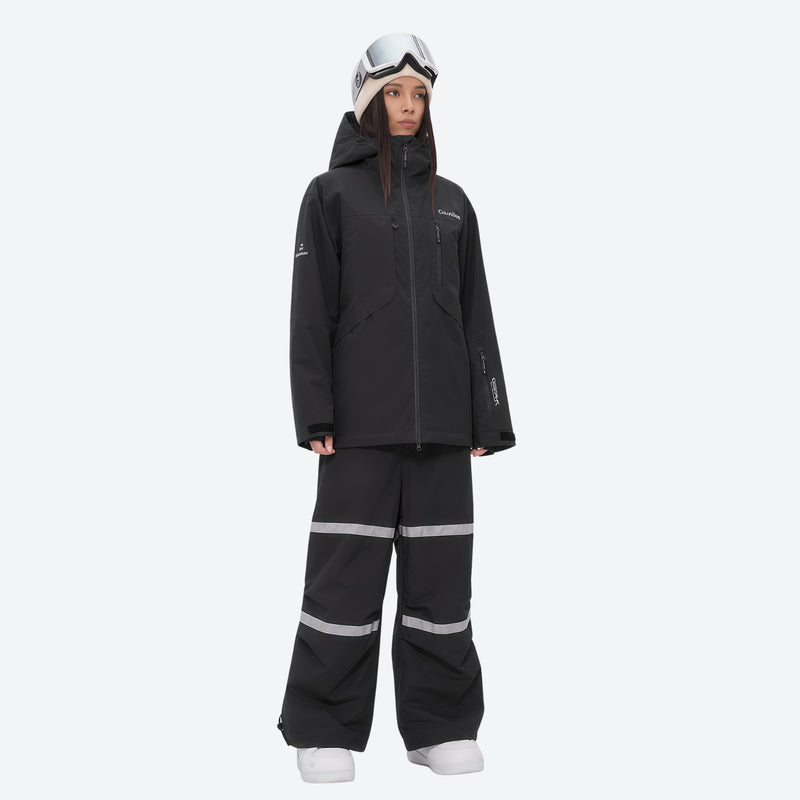 Women's waterproof 2L snow jacket and bib pants series - black jacket with black bib pants, for resort and street wear