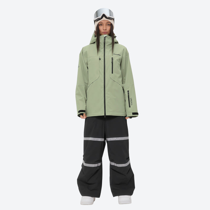 Women's waterproof 2L snow jacket and bib pants series - sage green jacket with black bib pants