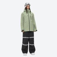 
                  
                    Women's reflective trim ski jacket with suspender bibs - sage green jacket with black bib pants
                  
                