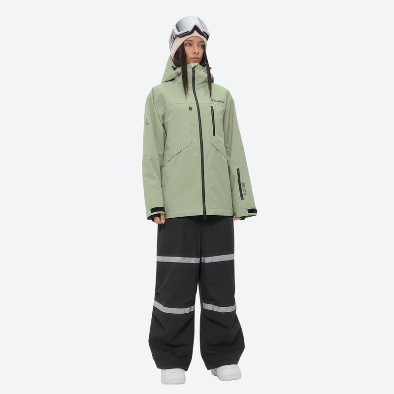 Women's reflective trim ski jacket with suspender bibs - sage green jacket with black bib pants