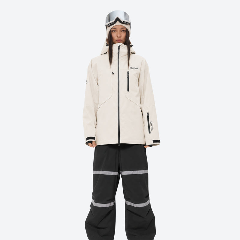 Women's 2-layer breathable snowboard jacket and bibs - cream jacket with black bib pants, for cold-weather winter sports