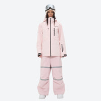 
                  
                    Women's reflective trim ski jacket with suspender bibs - light pink jacket with light pink bib pants
                  
                