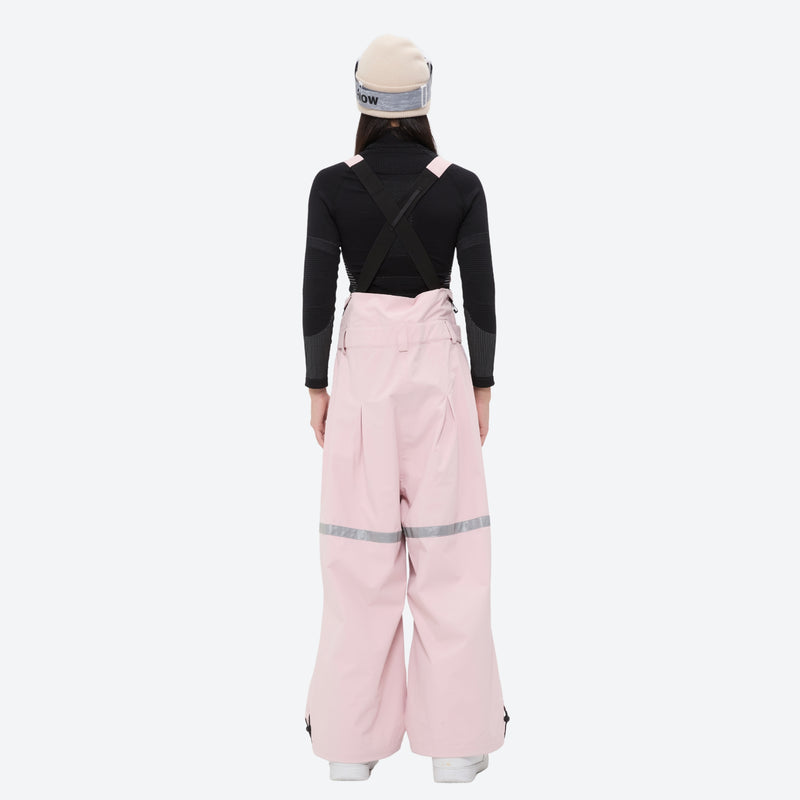 Unisex waterproof 3L bib snow pants - pink bib pants with black top, on-model back view, for skiing and snowboarding