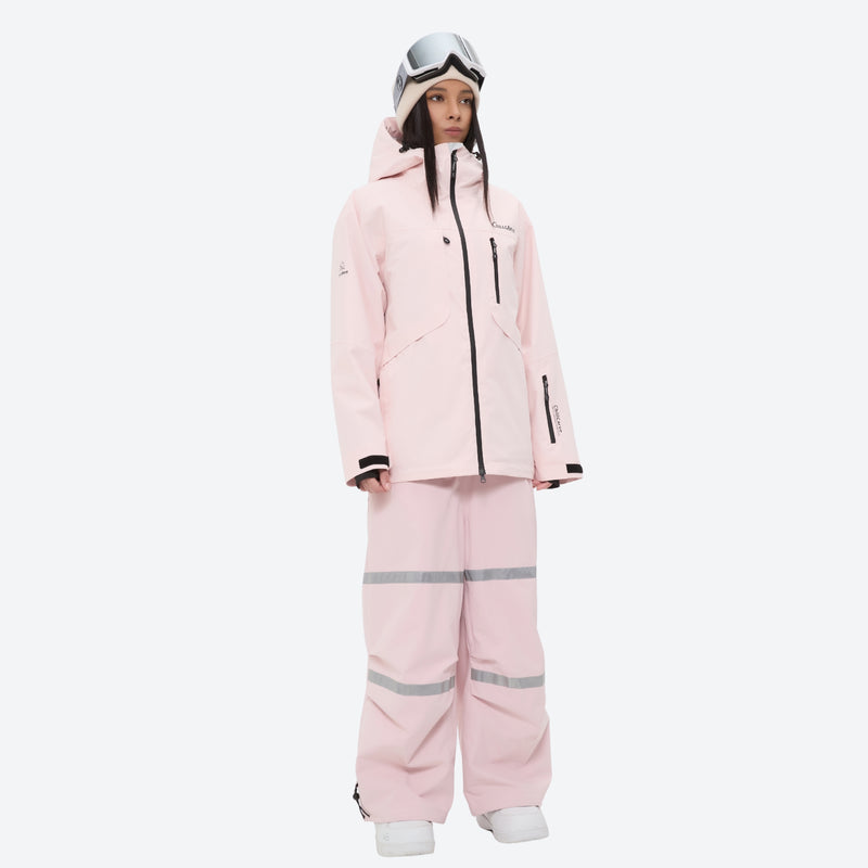 Women's reflective trim ski jacket with suspender bibs - light pink jacket with light pink bib pants 31