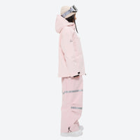 
                  
                    Women's 2-layer breathable snowboard jacket and bibs - light pink jacket with light pink bib pants, on-model side view
                  
                