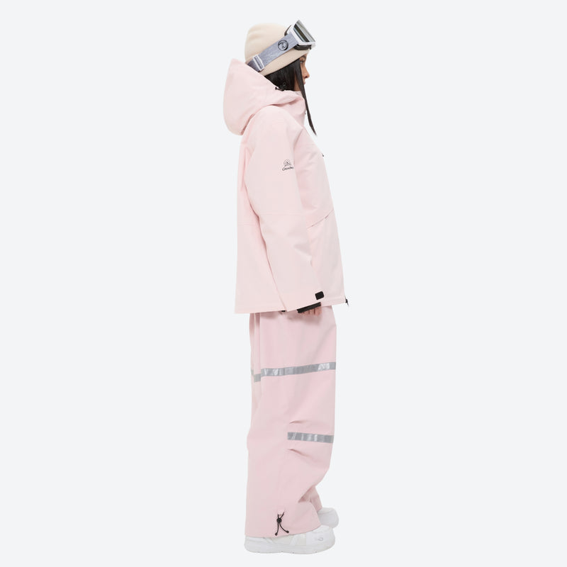Women's 2-layer breathable snowboard jacket and bibs - light pink jacket with light pink bib pants, on-model side view