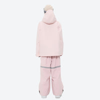 
                  
                    Women's waterproof 2L snow jacket and bib pants series - light pink jacket with light pink bib pants, on-model back hood view
                  
                