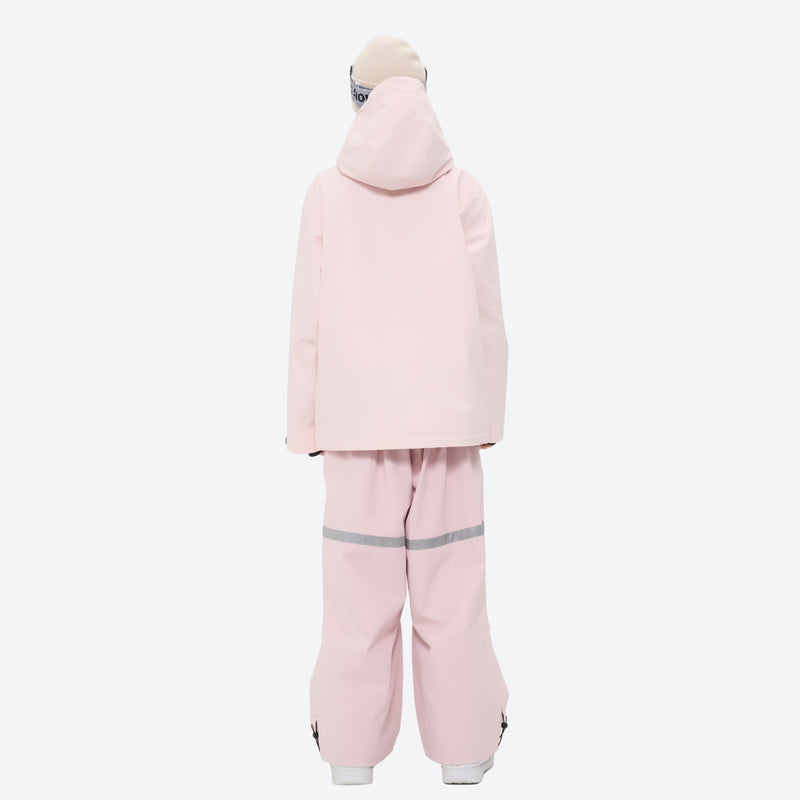 Women's waterproof 2L snow jacket and bib pants series - light pink jacket with light pink bib pants, on-model back hood view