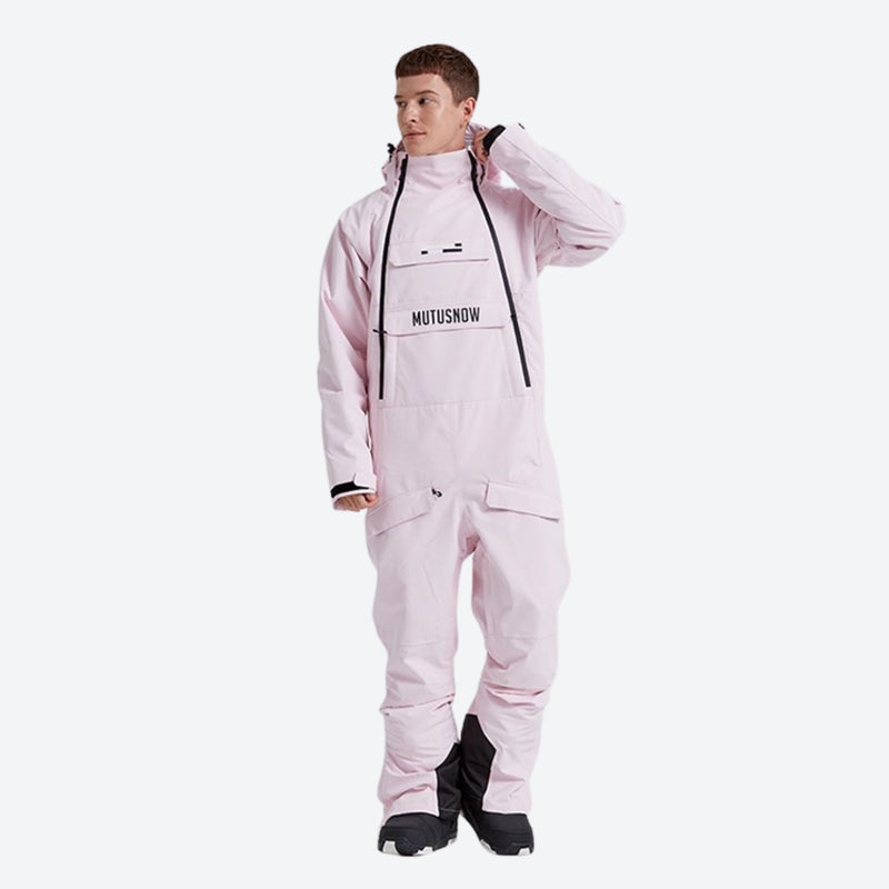 Men's breathable 2-layer pullover ski jumpsuit - pink one-piece snow suit, for resort and backcountry days