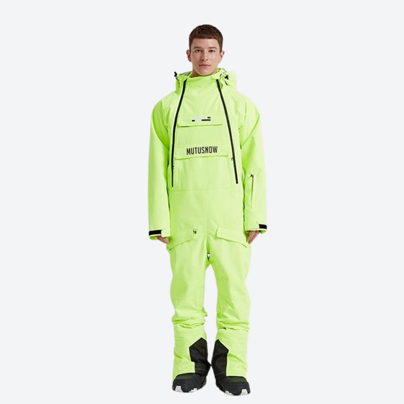 Men's one-piece snowboard suit with kangaroo pocket - neon yellow one-piece snow suit, for cold-weather winter sports