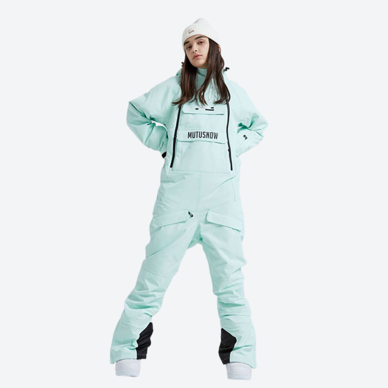 Women's breathable 2-layer pullover ski jumpsuit - mint one-piece snow suit, for resort and backcountry days