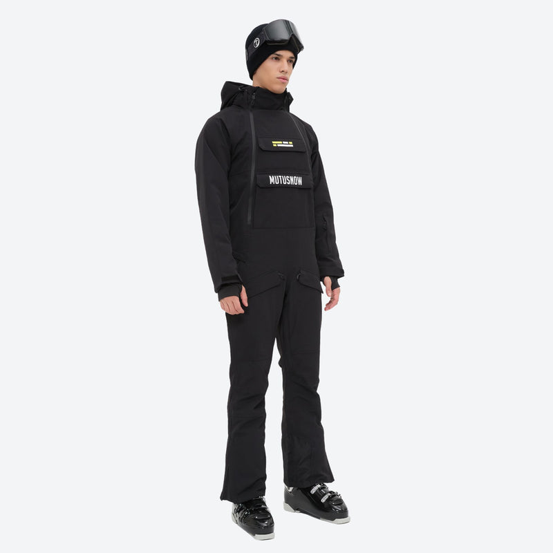 Men's one-piece snowboard suit with kangaroo pocket - black one-piece snow suit, for powder and piste riding