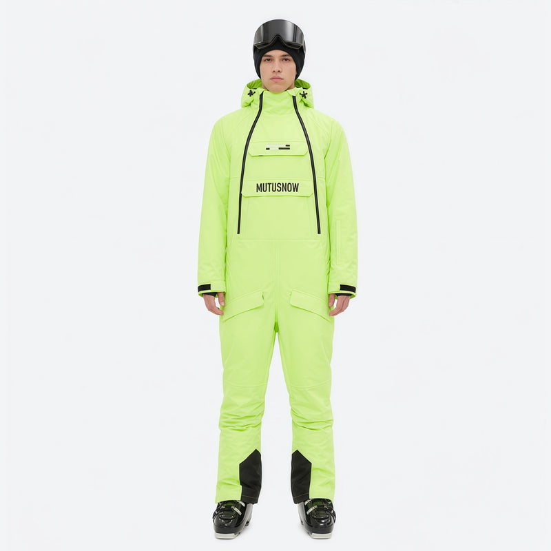 Men's breathable 2-layer pullover ski jumpsuit - neon yellow one-piece snow suit, for powder and piste riding