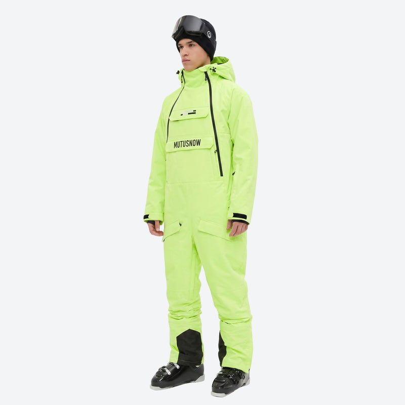 Men's waterproof 2L one-piece snow suit - neon yellow one-piece snow suit, on-model side view, for skiing and snowboarding
