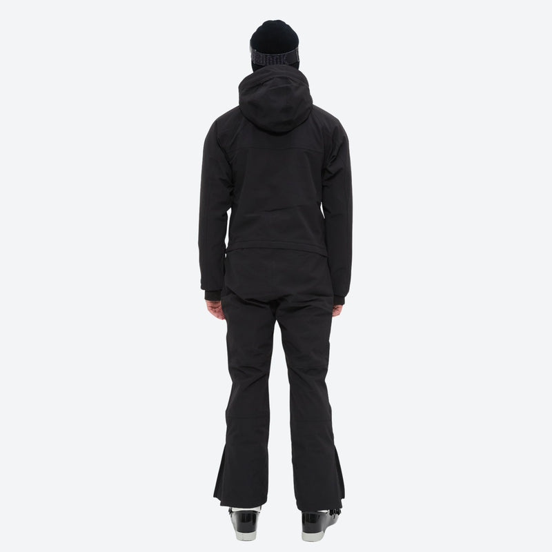 Men's breathable 2-layer pullover ski jumpsuit - black one-piece snow suit, on-model back view, for skiing and snowboarding