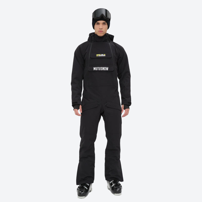 Men's breathable 2-layer pullover ski jumpsuit - black one-piece snow suit, for resort and backcountry days