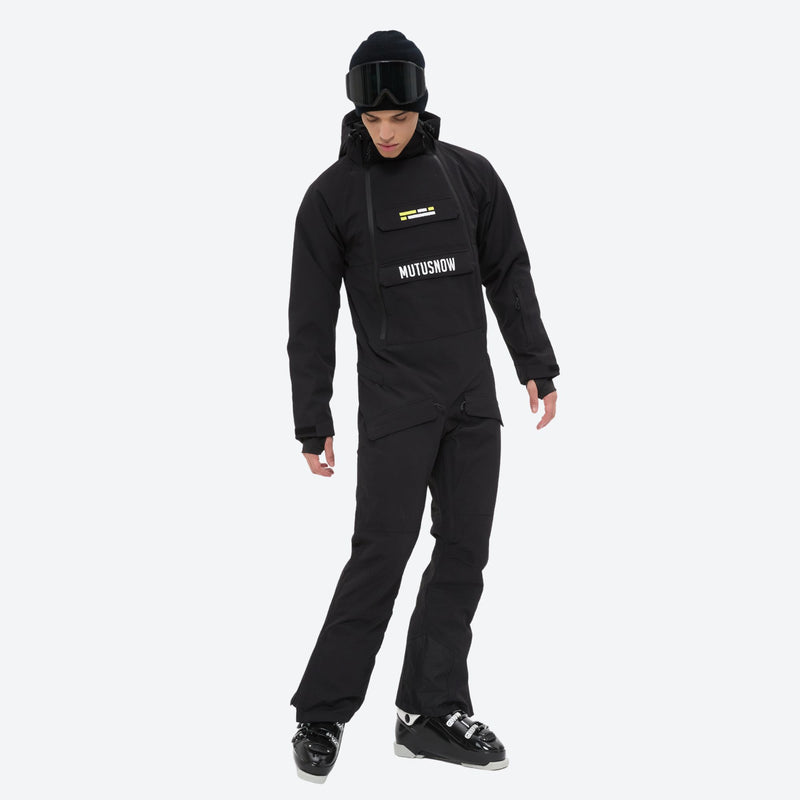 Men's waterproof 2L one-piece snow suit - black one-piece snow suit, walking front view, for powder and piste riding