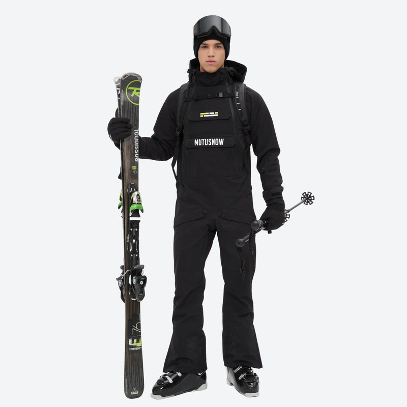 Men's breathable 2-layer pullover ski jumpsuit - black one-piece snow suit, for cold-weather winter sports