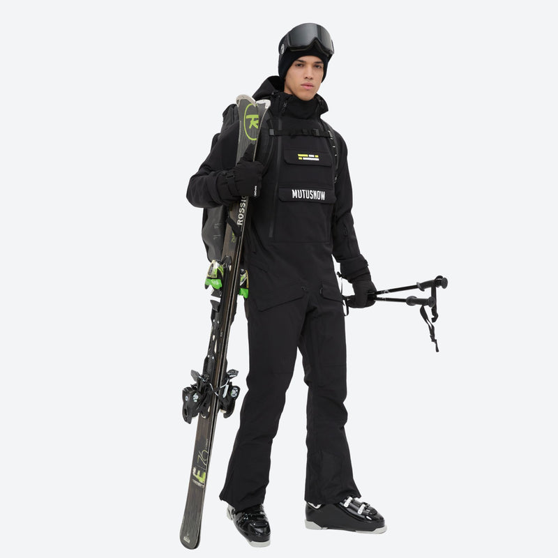 Men's one-piece snowboard suit with kangaroo pocket - black one-piece snow suit, for skiing and snowboarding