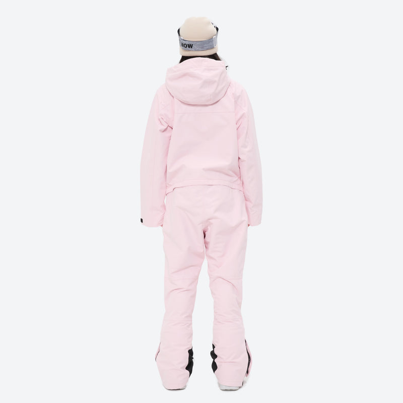 Women's waterproof 2L one-piece snow suit - pink one-piece snow suit, on-model back view, for powder and piste riding