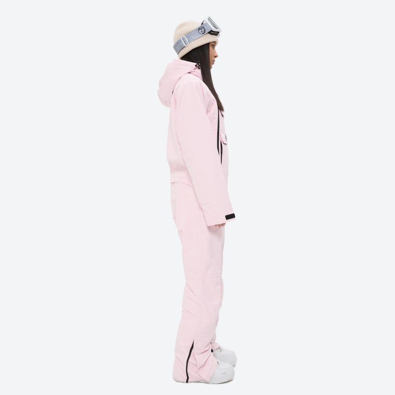 Women's one-piece snowboard suit with kangaroo pocket - pink one-piece snow suit, for resort and backcountry days