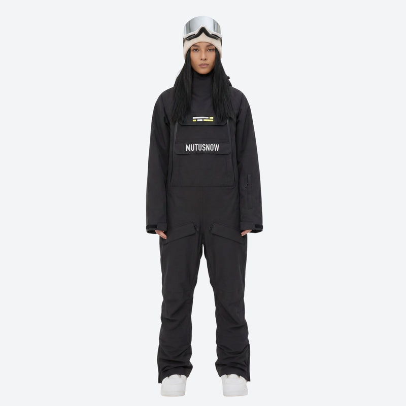 Women's breathable 2-layer pullover ski jumpsuit - black one-piece snow suit, for cold-weather winter sports