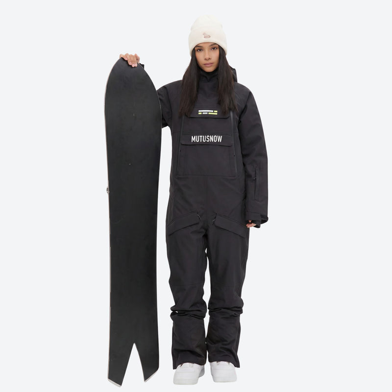 Women's one-piece snowboard suit with kangaroo pocket - black one-piece snow suit, for skiing and snowboarding
