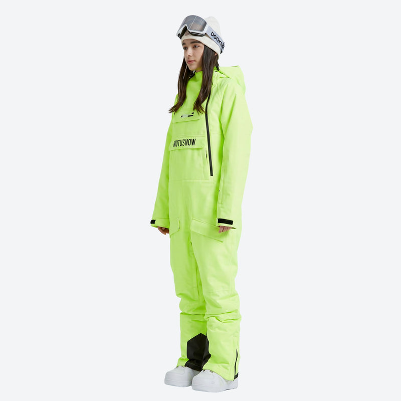 Women's waterproof 2L one-piece snow suit - neon yellow one-piece snow suit, on-model side view, for skiing and snowboarding