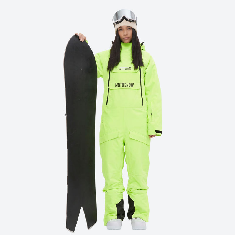 Women's breathable 2-layer pullover ski jumpsuit - neon yellow one-piece snow suit, for powder and piste riding