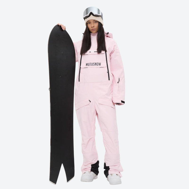Women's one-piece snowboard suit with kangaroo pocket - pink one-piece snow suit, for powder and piste riding