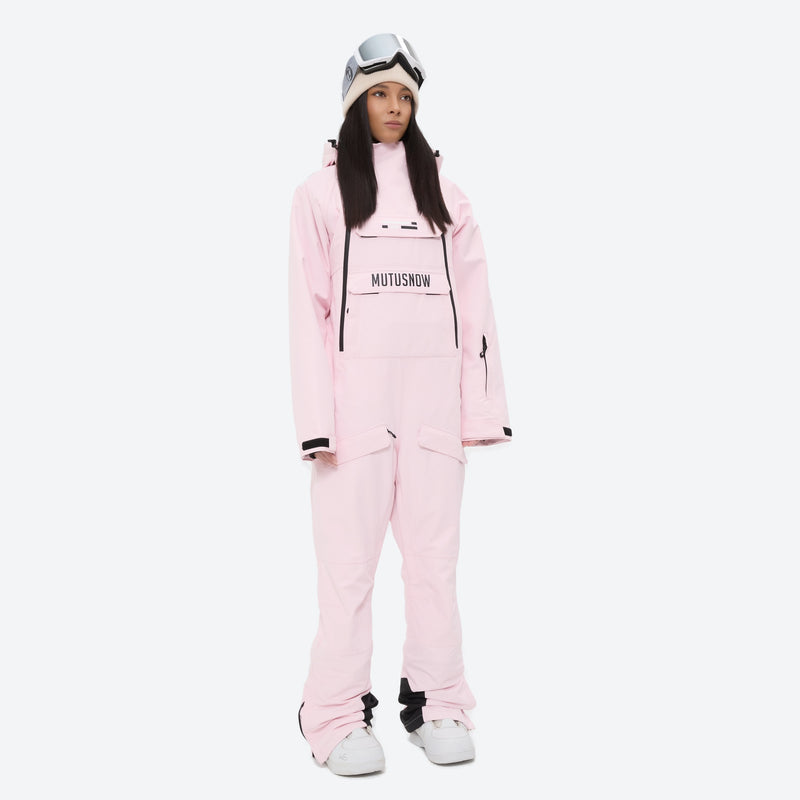 Women's breathable 2-layer pullover ski jumpsuit - pink one-piece snow suit, for skiing and snowboarding