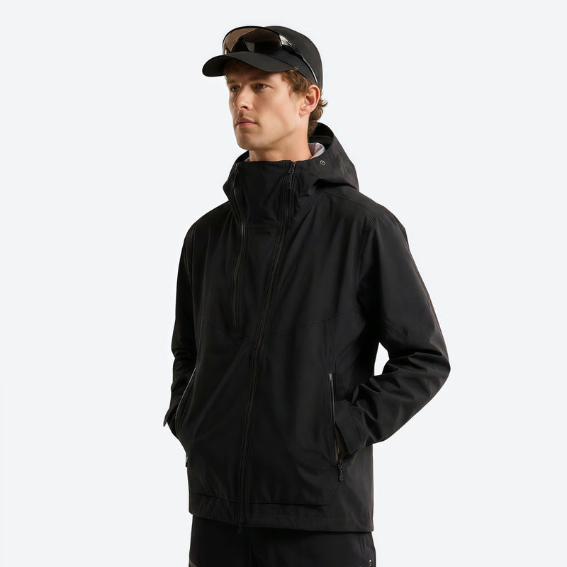 Men's breathable 3-layer shell with high collar hood - black hardshell jacket, for cold-weather winter sports